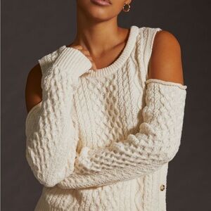 Anthropologie Off-Shoulder Cream Cable Knit Sweater
